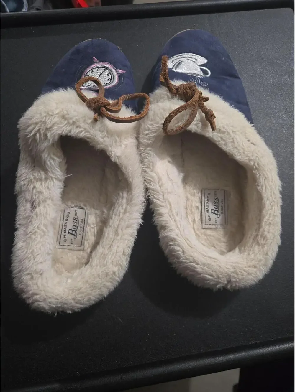 G.H. Bass & Co. Blue Suede Moccasin Slippers with Coffee & Alarm Clock Size 8M